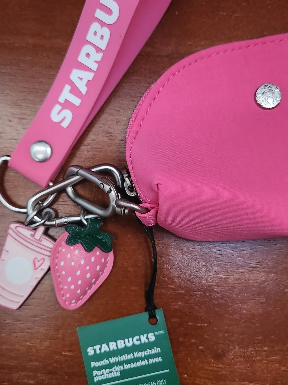 Starbucks Pink Wristlet Keychain Pouch with Strawberry Charm